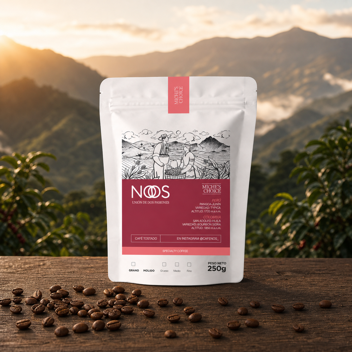 Café NOS Miche's Choice en finca cafetera, imagen de trazabilidad