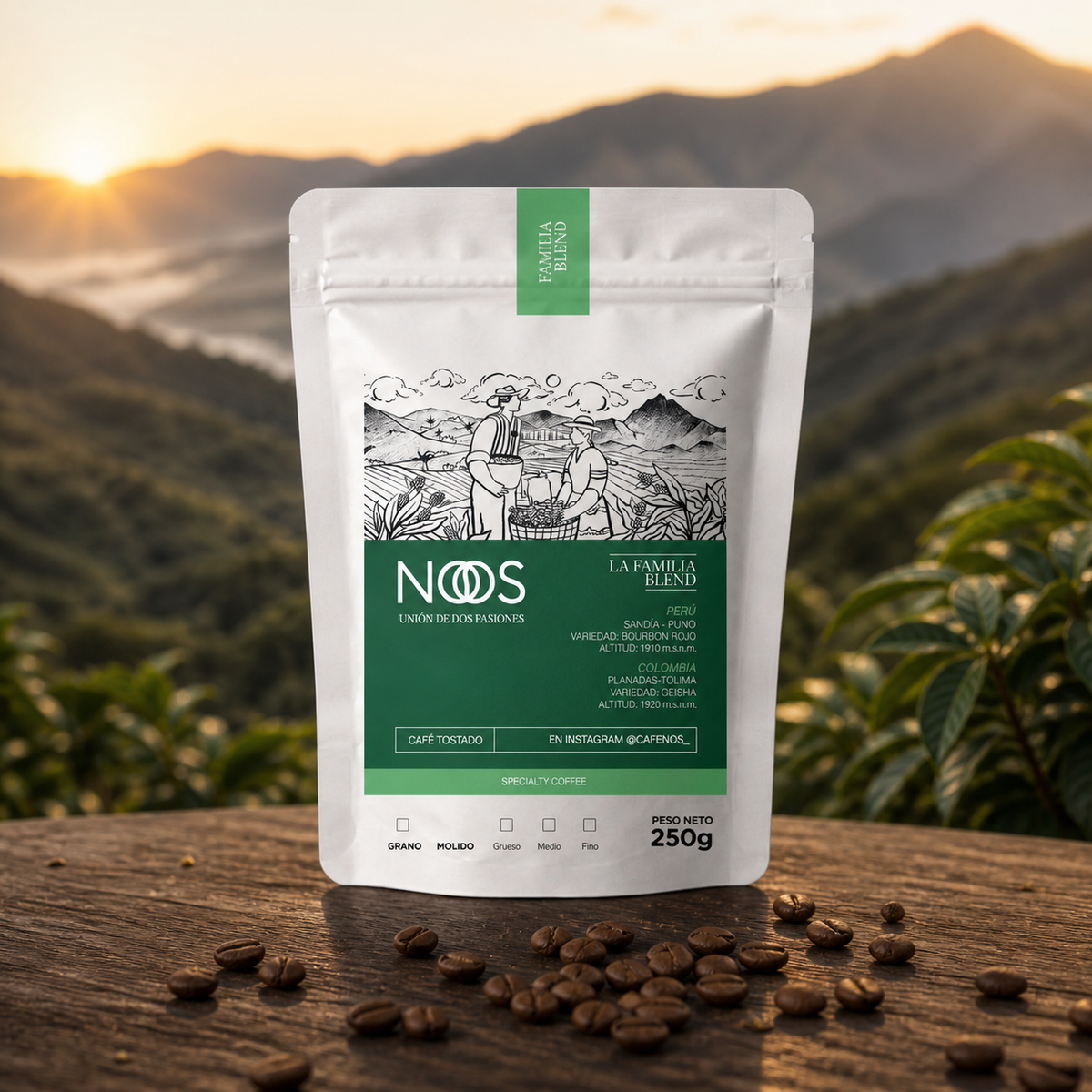 Café NOS La Familia Blend en finca cafetera, imagen de trazabilidad